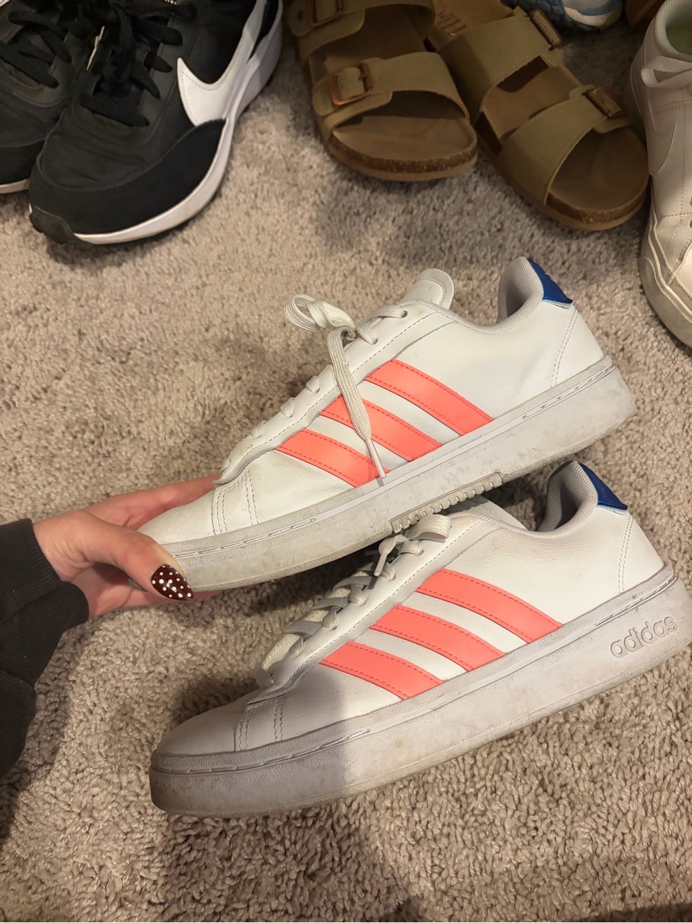adidas White Sneakers with Coral Stripes and Blue Heel Tab